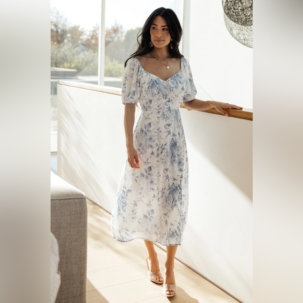 Baltic Born Cadence Blue & White Floral Midi Dress with Sweetheart Top